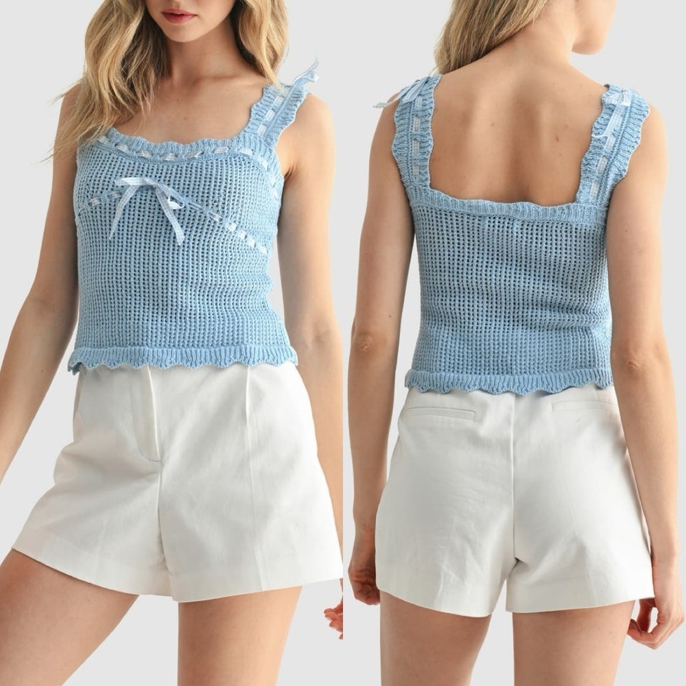 NWT Lush Gingham Ribbon Open Knit Tank Top, Blue – Size L